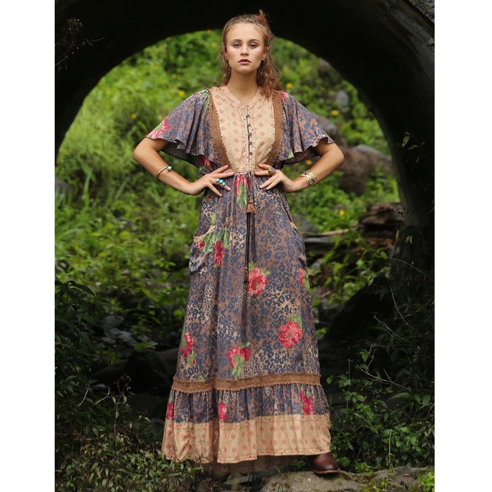 Tulle & Batiste Maxi Dress XL‎ Floral Leopard Print Bohemian Boho Short Sleeve